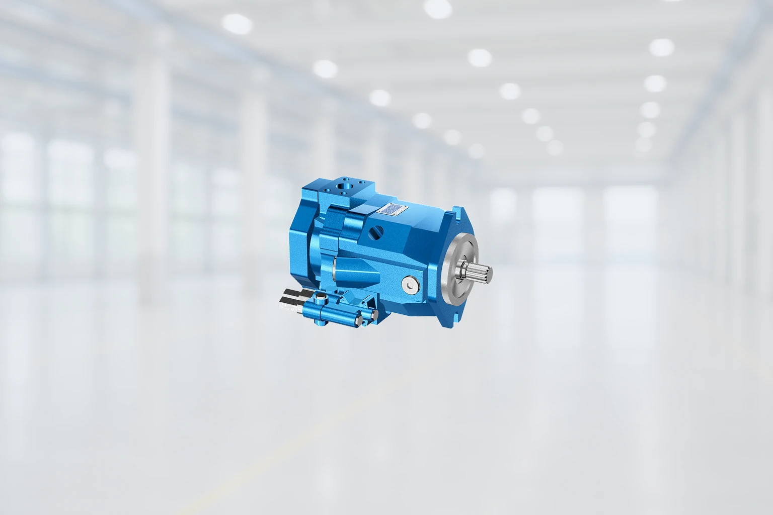 Blue hydraulic piston pump shown as product-family context for a custom system specification