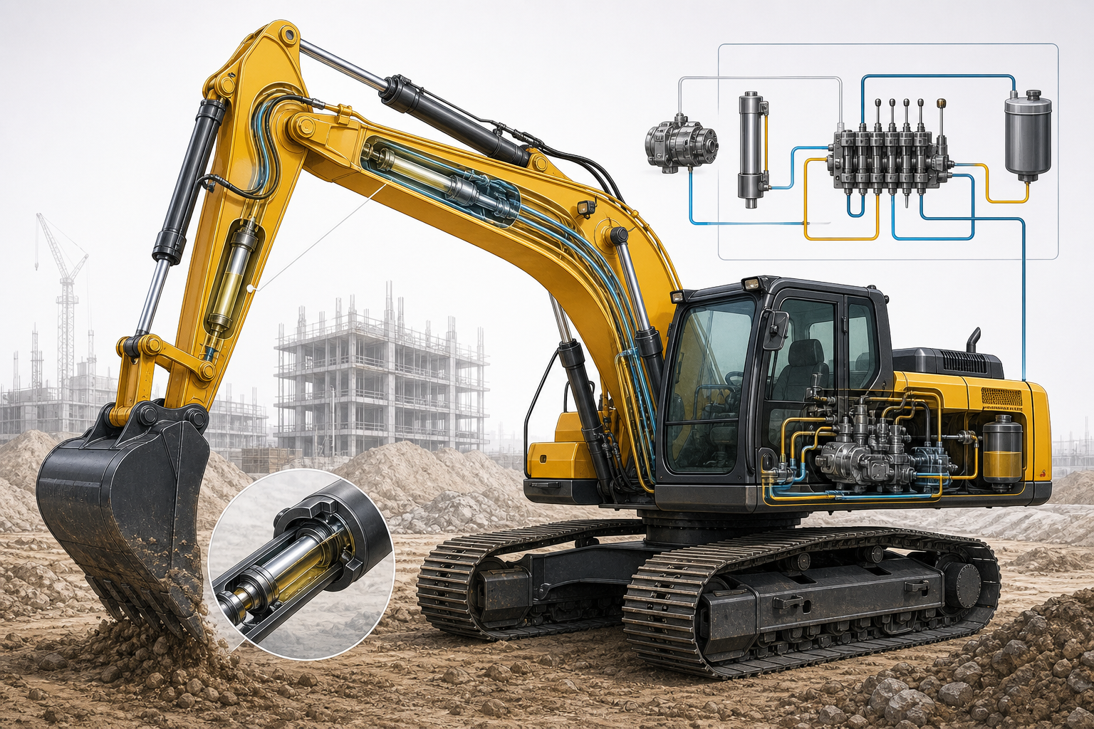 Illustration of construction excavator using hydraulic axial piston pump in open-circuit system (illustration)