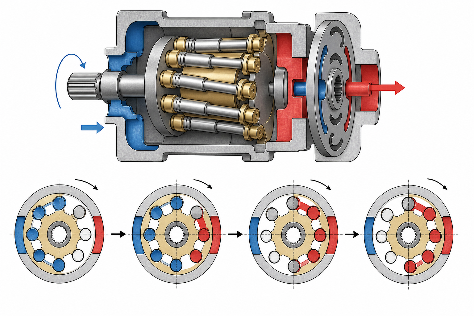 Illustration showing suction and discharge phases in an axial piston pump (illustration)