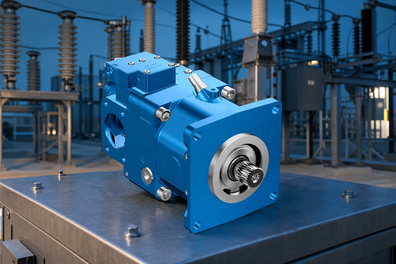 Hydraulic Closed Loop Variable Displacement Piston pump — Prance Hydraulic official product with illustrative industrial background (not a real site photo)