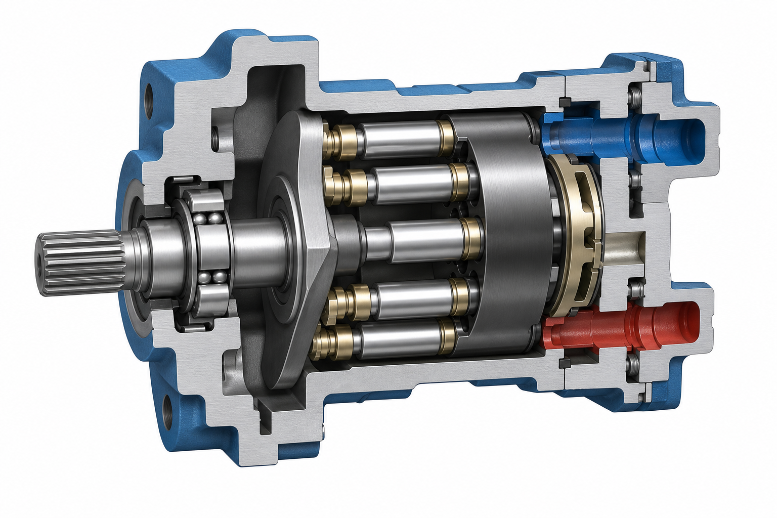 Illustration of a hydraulic axial piston pump cutaway for industrial systems (illustration, not a product photo)