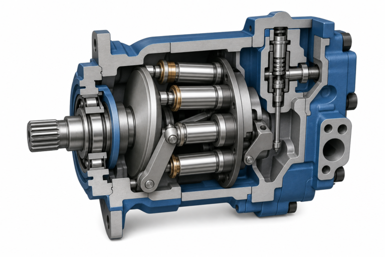 Illustration of a variable displacement hydraulic piston pump with swashplate concept (illustration, not a product photo)