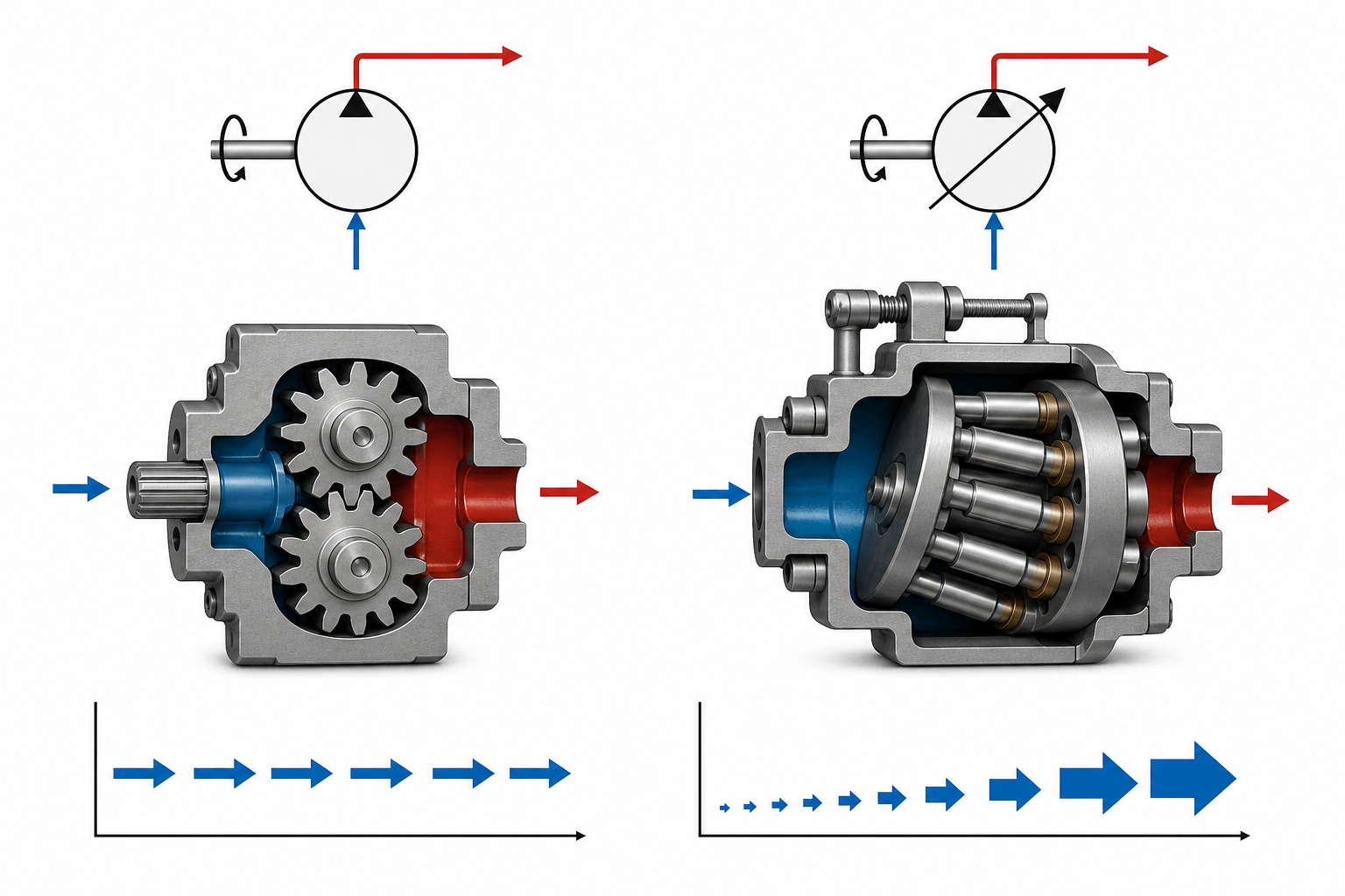 Illustration comparing fixed and variable displacement hydraulic pump flow concepts (illustration)