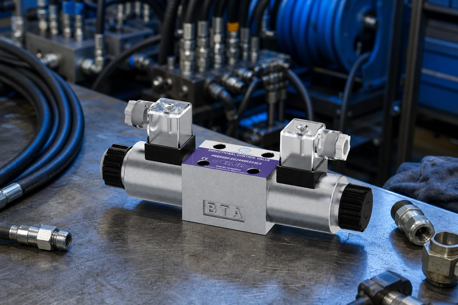 Hydraulic Proportional Valve with Position feedback — Prance Hydraulic official product with illustrative industrial background (not a real site photo)