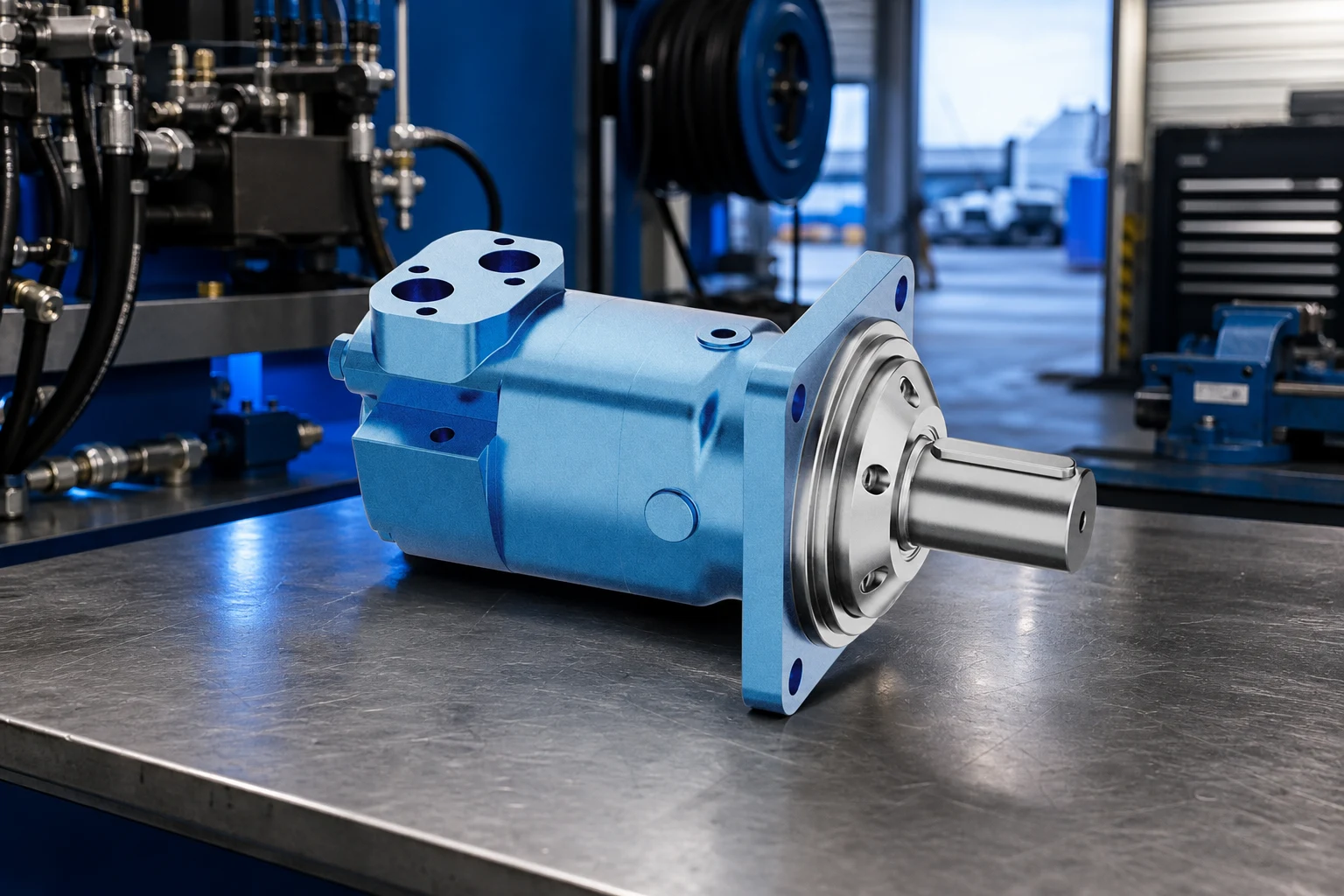 Hydraulic Wheel Orbit Motor — Prance Hydraulic official product with illustrative industrial background (not a real site photo)
