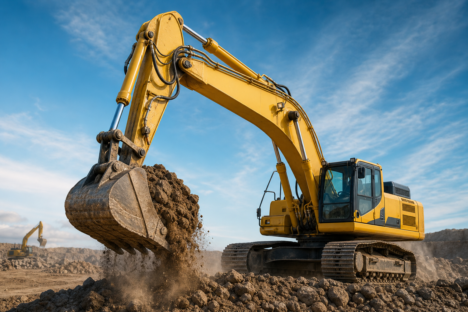 Illustration of construction equipment using a hydraulic piston pump system (illustration)