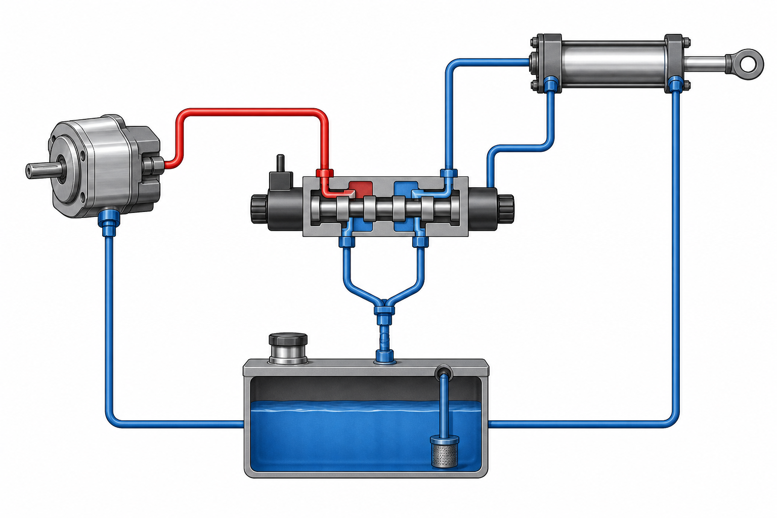 Illustration of open-circuit hydraulic system with pump valve and tank (illustration)