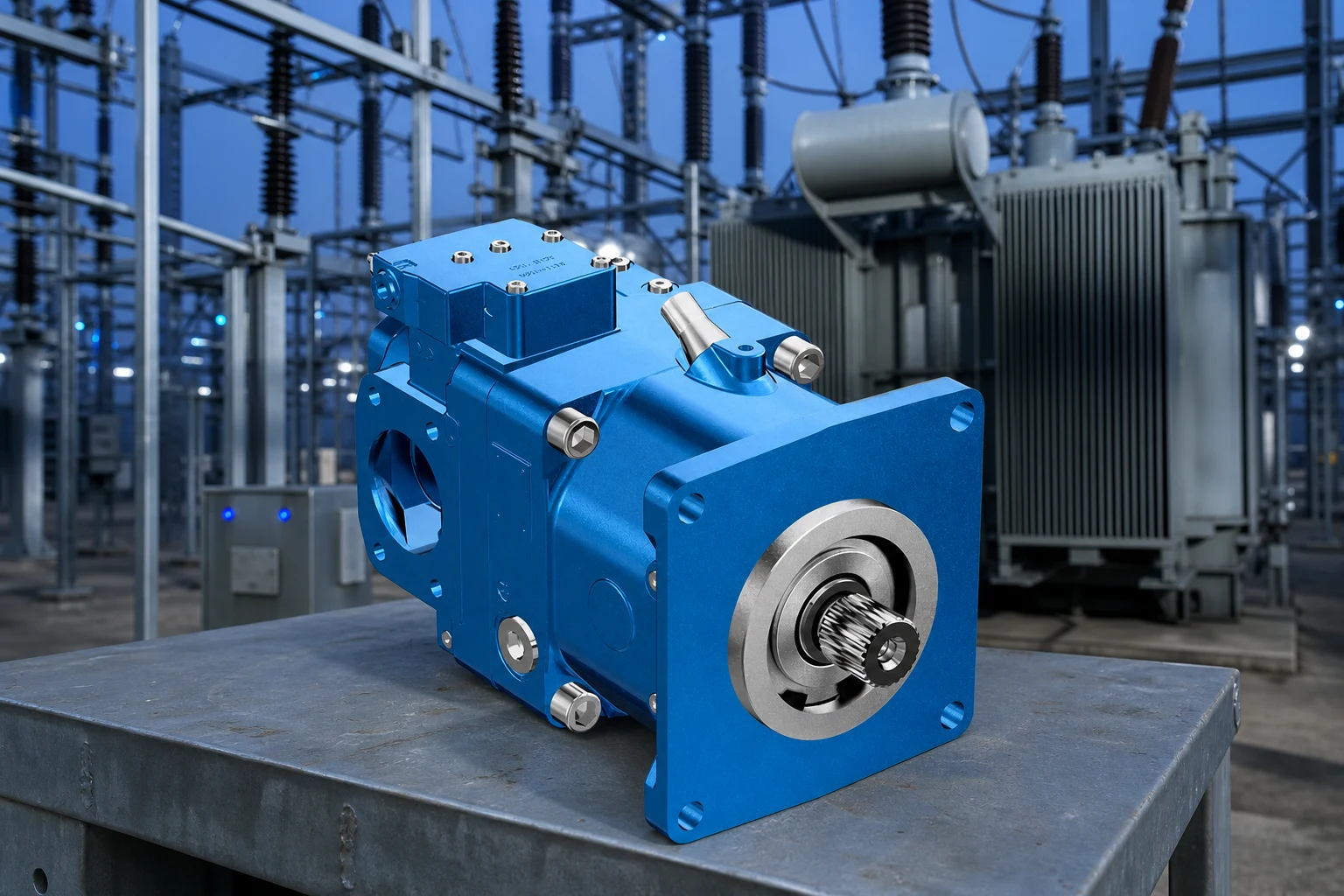 Hydraulic Open Loop Variable Displacement Piston pump — Prance Hydraulic official product with illustrative industrial background (not a real site photo)