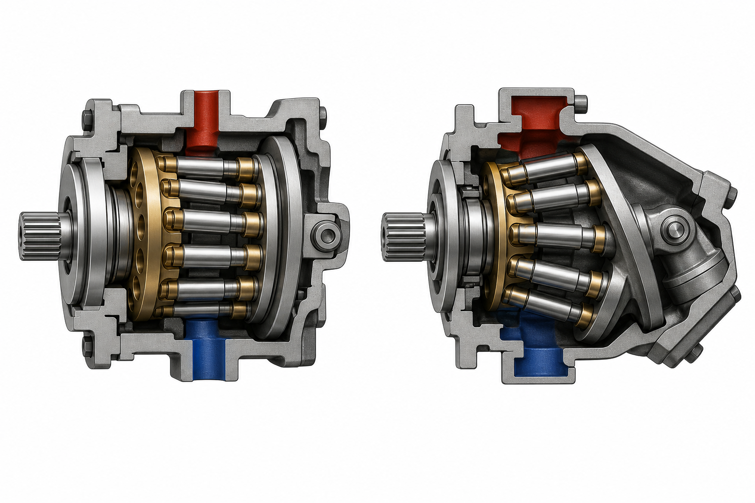 Side-by-side illustration comparing swashplate and bent-axis axial piston pump layouts (illustration)