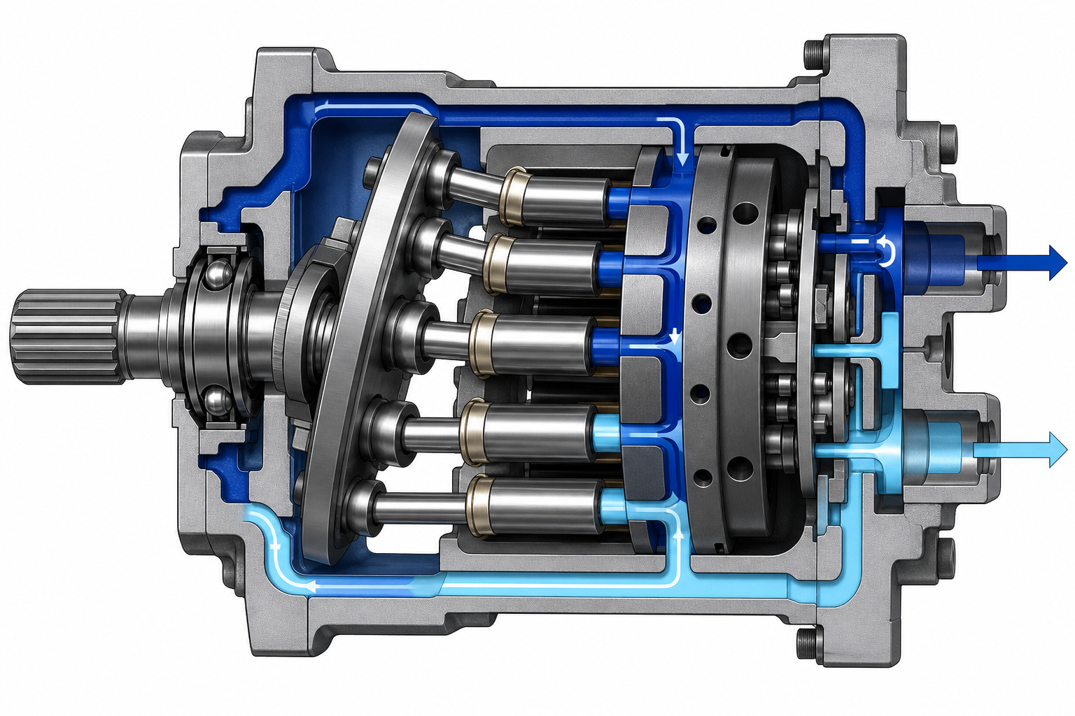 Illustration showing swashplate and piston arrangement in a variable displacement pump (illustration)