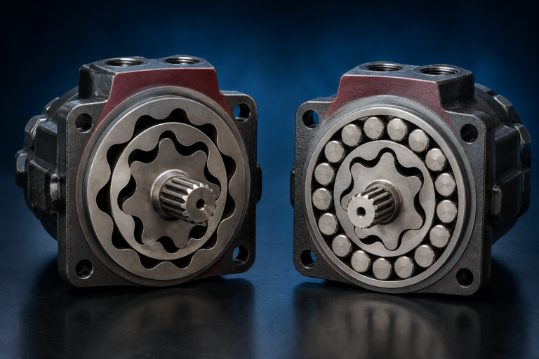 Opened gerotor and roller gerotor hydraulic motors shown side by side