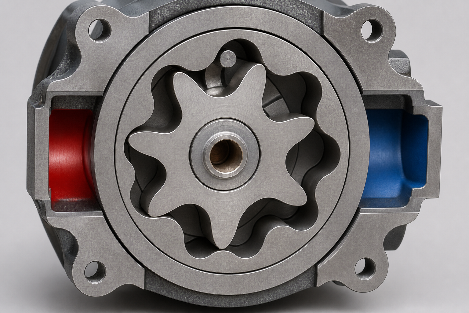 Inner star orbiting inside a fixed lobed ring in a gerotor motor