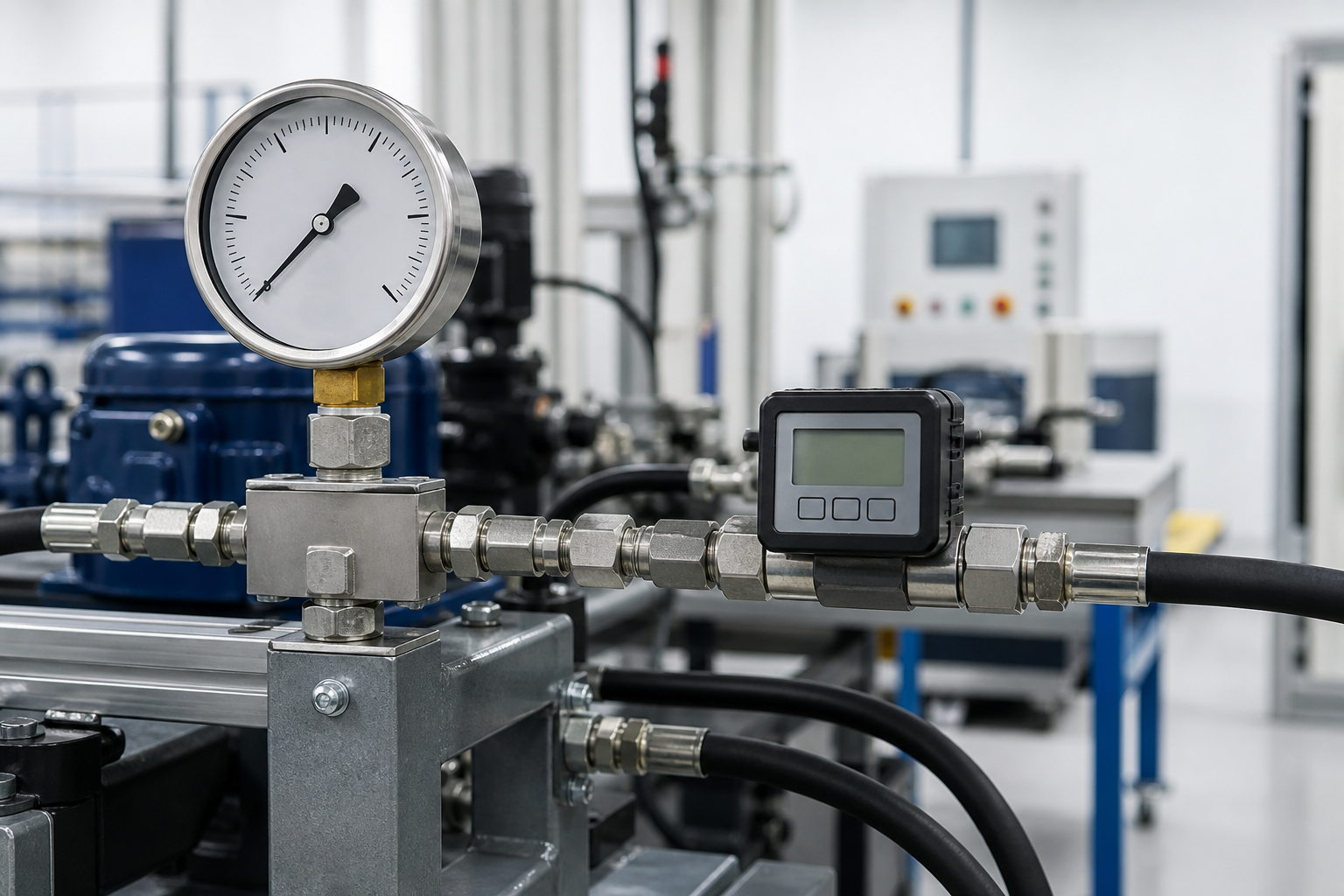 Pressure gauge and inline flow meter on a hydraulic test bench