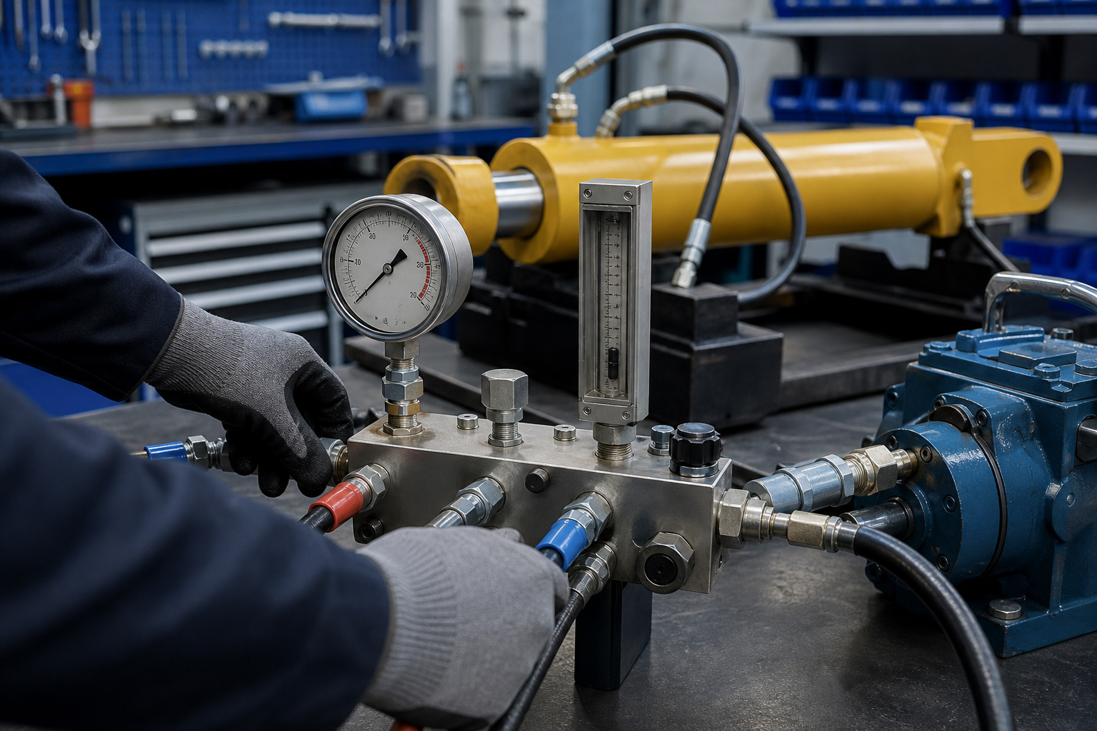 Technician checking hydraulic pressure and flow at a test manifold