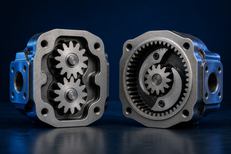 Opened external and internal hydraulic gear pumps shown side by side