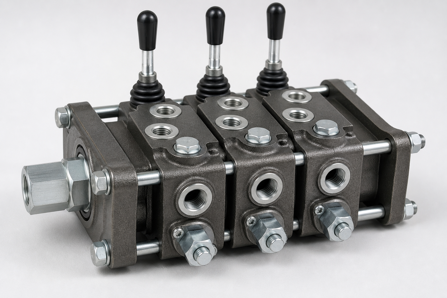 Three-section hydraulic directional valve stack assembled with tie rods