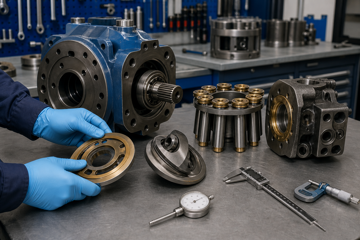 Disassembled axial piston pump components on a clean inspection bench