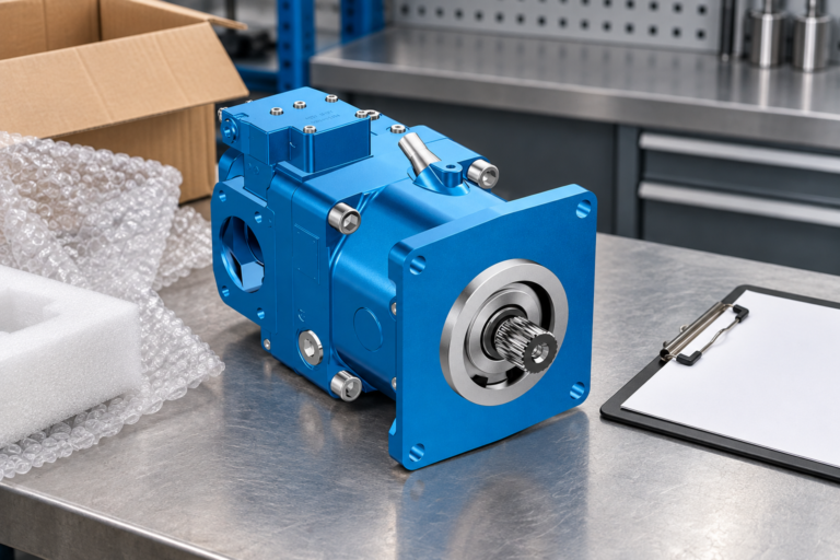 Blue variable axial piston pump on an incoming inspection bench with packaging and blank checklist