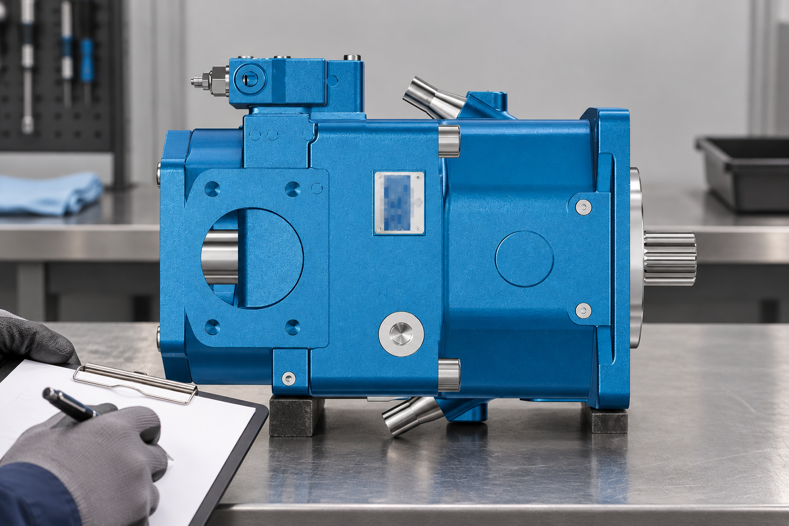Site-reference blue axial piston pump on an inspection bench with identification plate visible