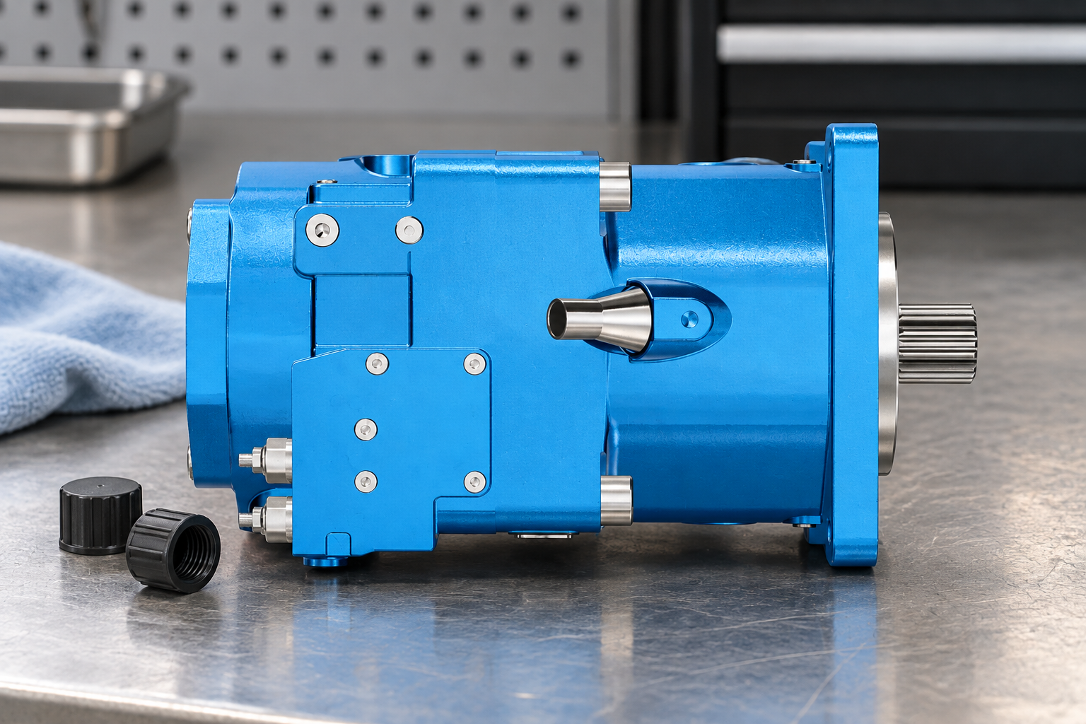Site-reference axial piston pump side view prepared for a visual check of port and cap condition