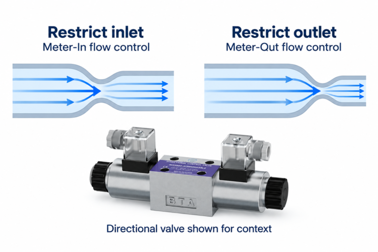 Restricting actuator inlet versus outlet flow, with the 4WE directional valve shown only for routing context.