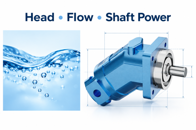 Water duty and the reference hydraulic motor are shown separately for shaft-power sizing; the illustration is not an assembly or dimensional drawing.