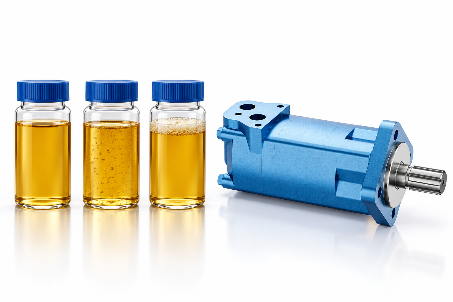 Conceptual clear oil, suspended bubbles and surface foam beside the BMS reference motor; samples do not prove a diagnosis.