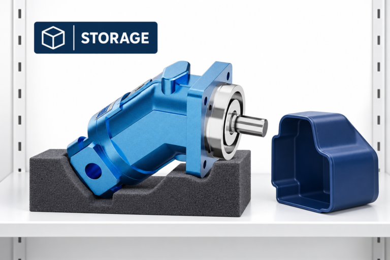 Reference bent-axis motor supported in a clean spare-parts cabinet