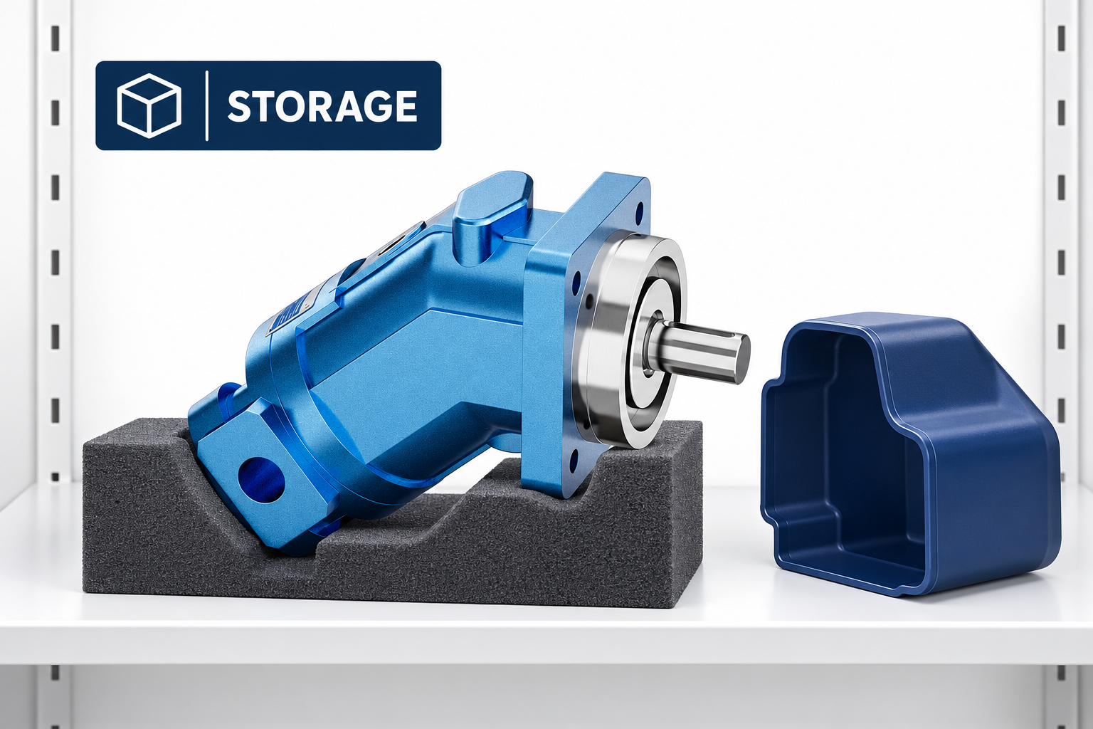 Reference bent-axis motor supported in a clean spare-parts cabinet