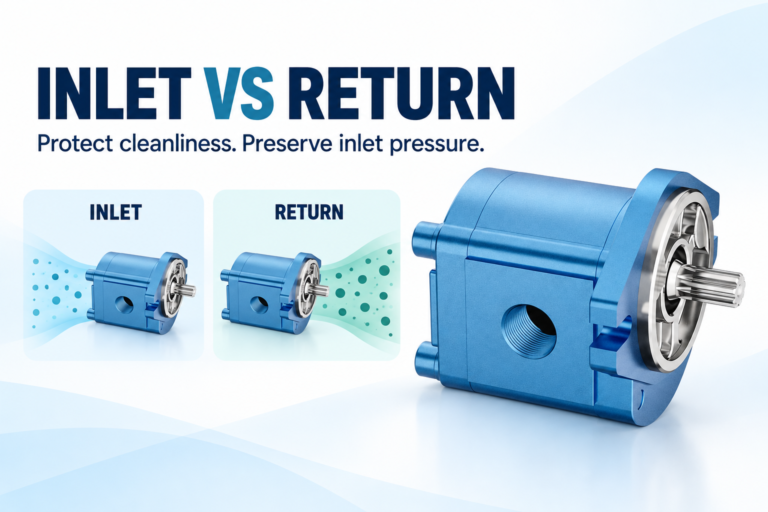 Reference HDH gear pump with a conceptual comparison of inlet and return filtration locations.
