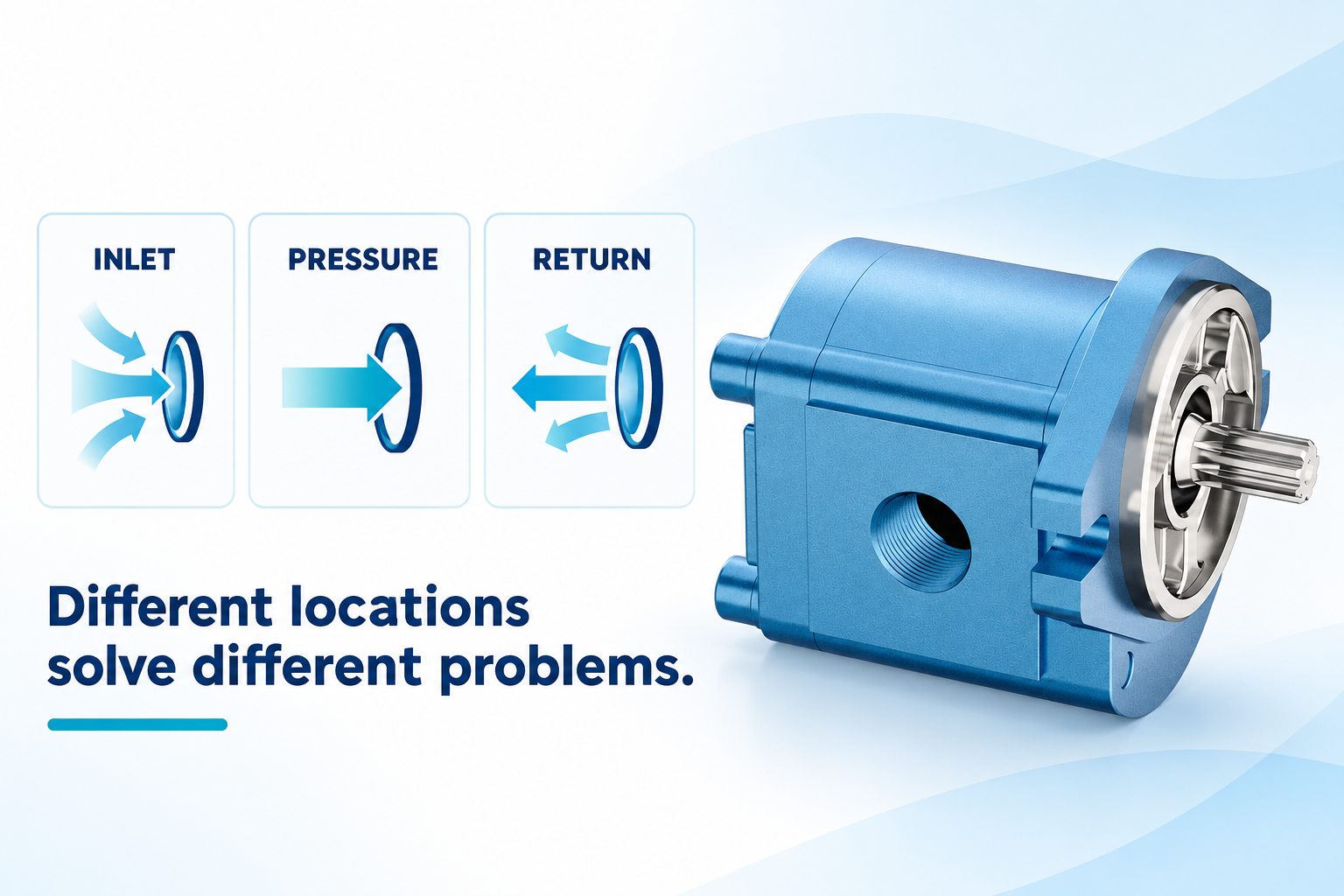 The reference HDH pump beside three conceptual filtration locations: inlet, pressure and return.