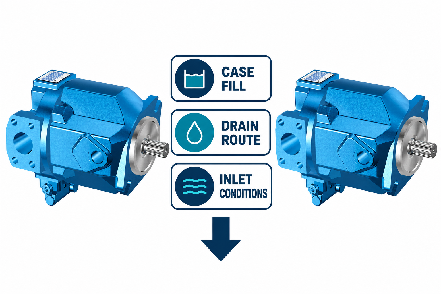 Case filling, drain route, and inlet conditions to confirm before mounting
