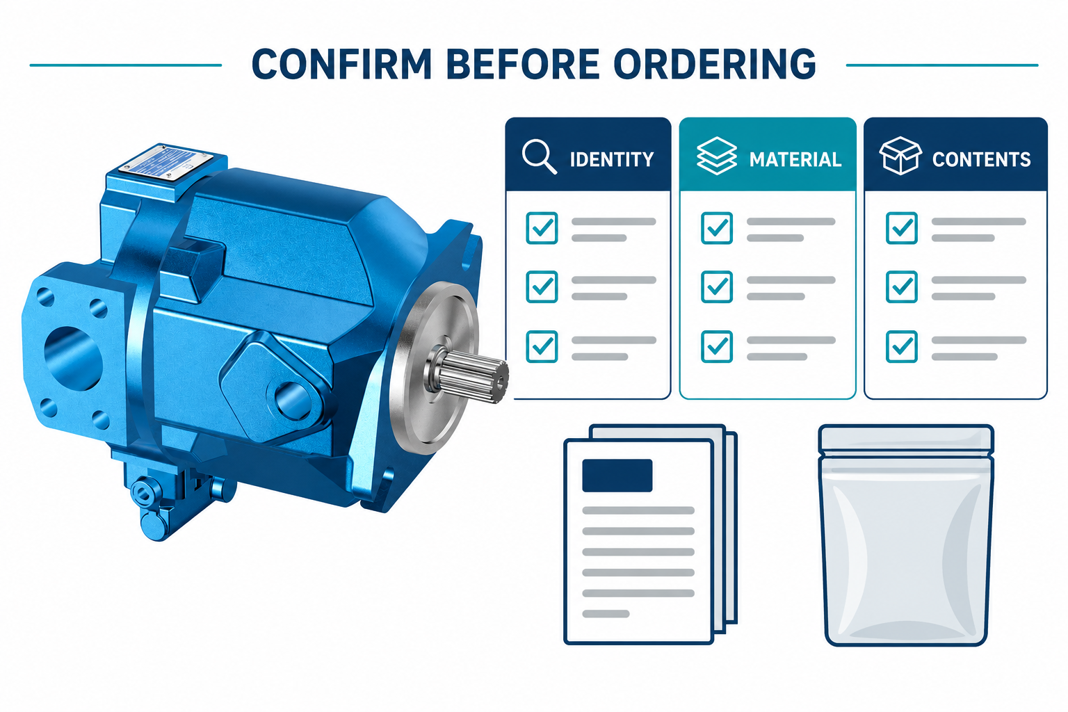 Identity, material, and contents checks before ordering a seal kit