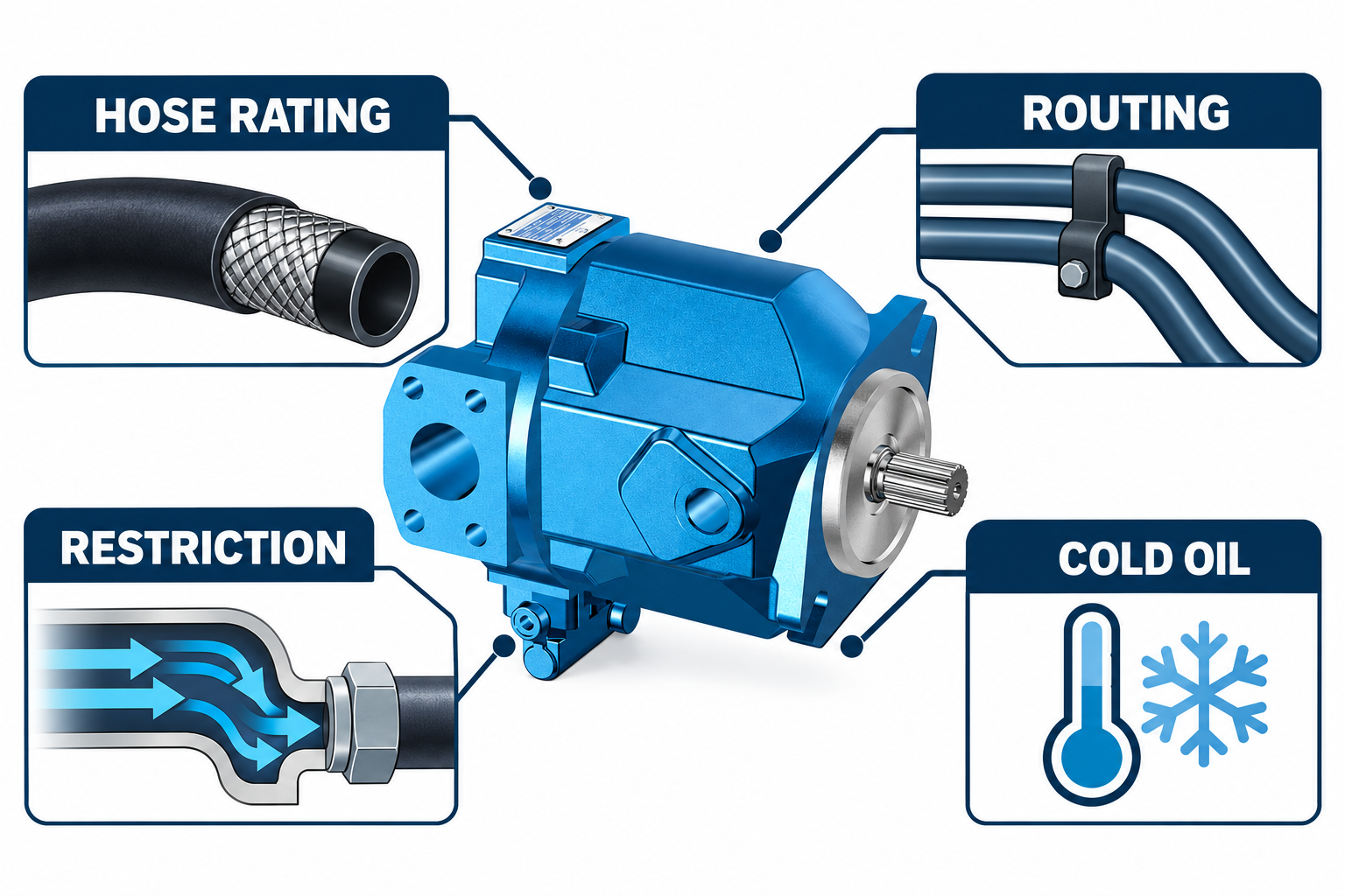 Hose rating, routing, restriction, and cold-oil diagnostic factors