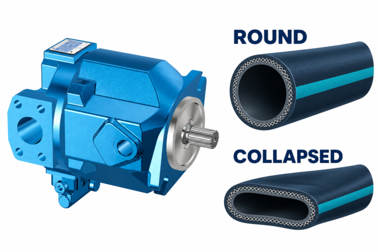 Reference piston pump and conceptual round versus collapsed hose sections