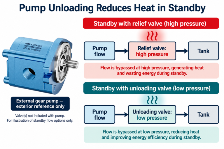 External gear pump reference beside relief and unloaded standby flow paths