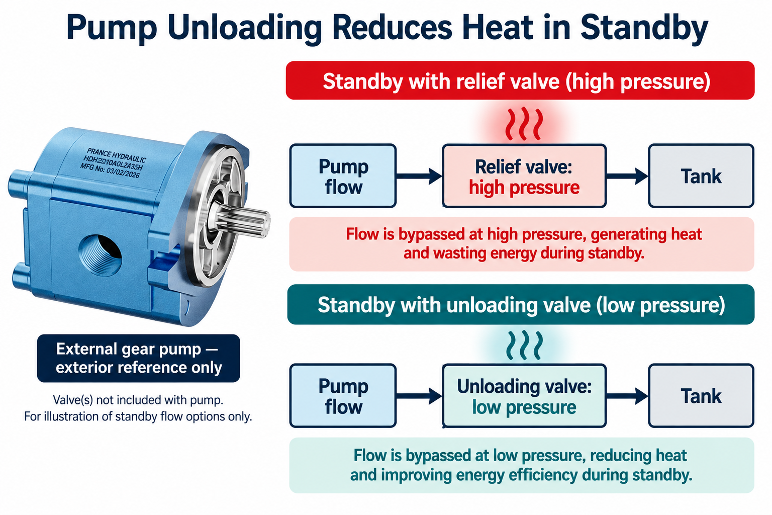 External gear pump reference beside relief and unloaded standby flow paths