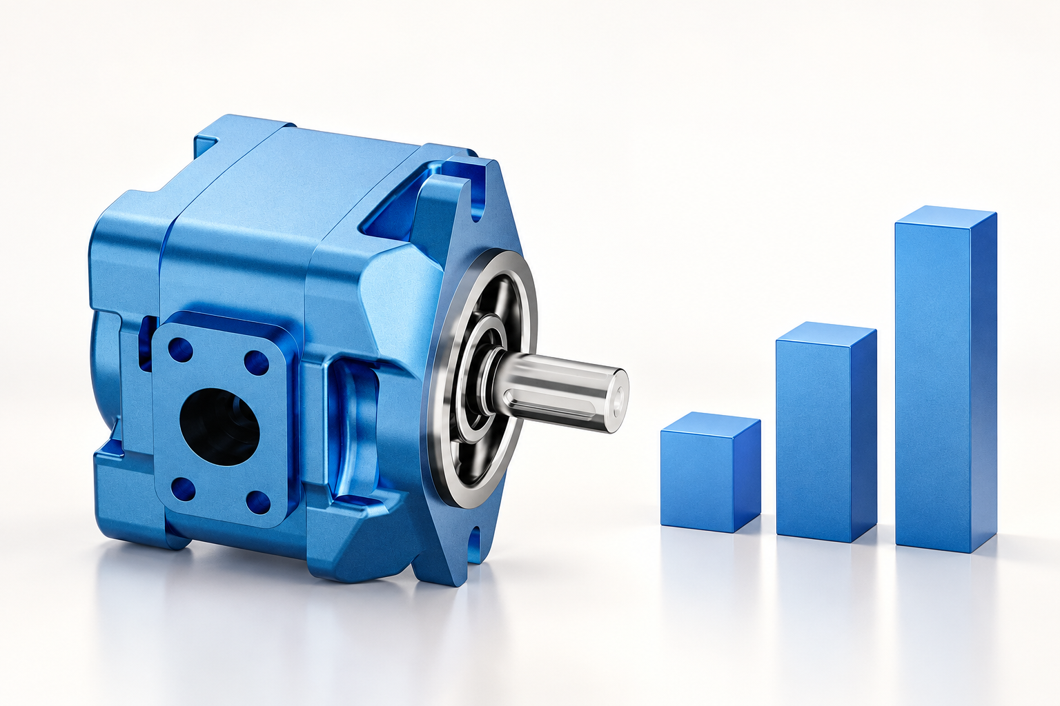 Different conceptual flow-demand levels beside the HG reference pump; bar heights carry no numerical scale or product rating.