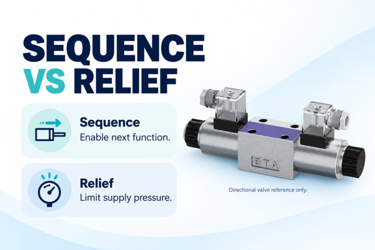 Sequence and relief functions compared; the pictured 4WE is a directional-valve reference only.