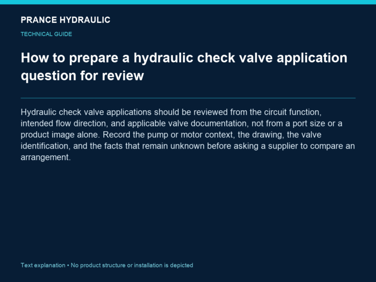 How to prepare a hydraulic check valve application question for review — Hydraulic check valve applications should be reviewed from the circuit function, intended flow direction, and applicable valve documentation, not from a port size or a product image alone. Record the pump or motor context, the drawing, the valve identification, and the facts that remain unknown before asking a supplier to compare an arrangement.