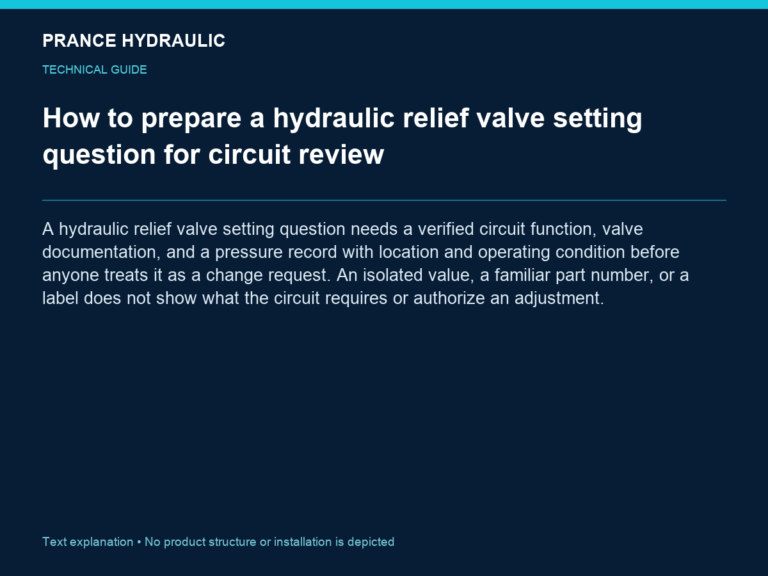 How to prepare a hydraulic relief valve setting question for circuit review — A hydraulic relief valve setting question needs a verified circuit function, valve documentation, and a pressure record with location and operating condition before anyone treats it as a change request. An isolated value, a familiar part number, or a label does not show what the circuit requires or authorize an adjustment.