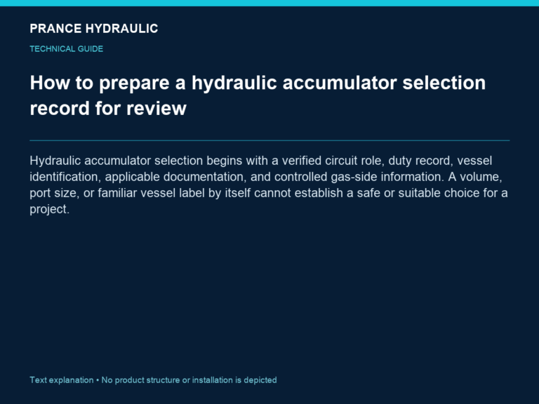How to prepare a hydraulic accumulator selection record for review — Hydraulic accumulator selection begins with a verified circuit role, duty record, vessel identification, applicable documentation, and controlled gas-side information. A volume, port size, or familiar vessel label by itself cannot establish a safe or suitable choice for a project.