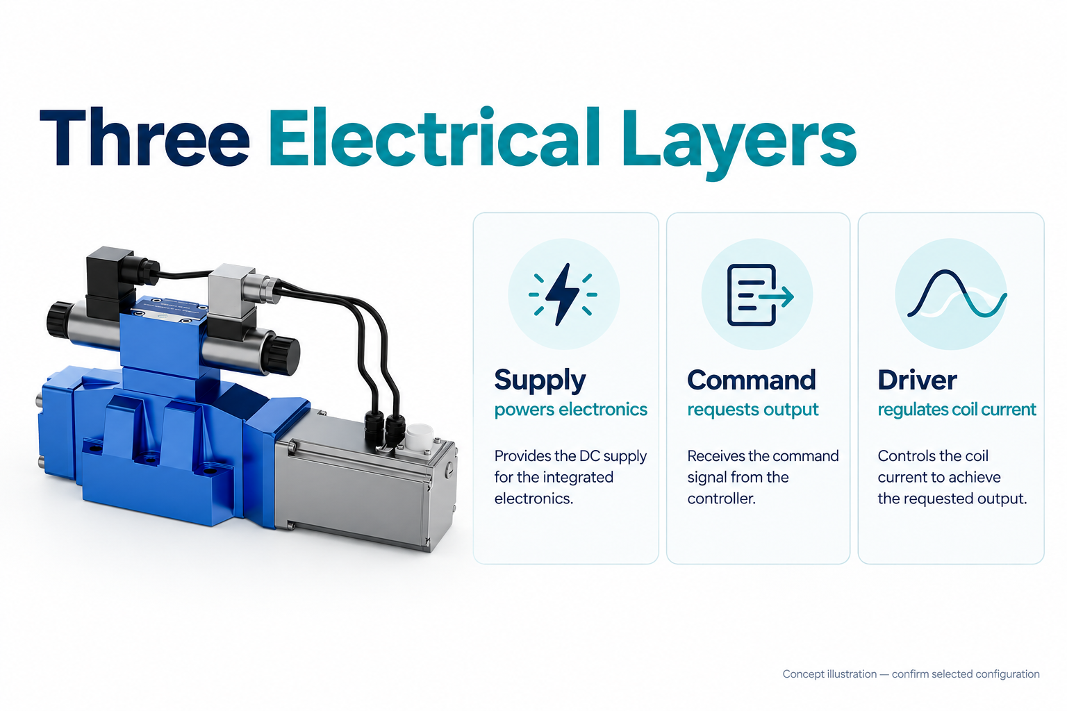 Three electrical layers: supply powers electronics, command requests output, driver regulates coil current