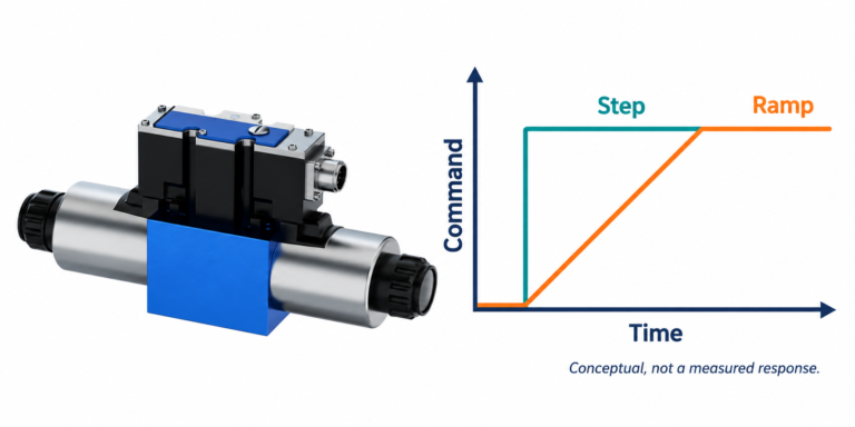 Real-reference 4WRAE proportional valve beside qualitative step and ramp command traces, not a measured valve response