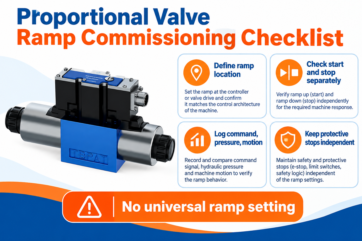 Proportional-valve ramp checklist covering ramp location, separate starts and stops, synchronized records, and independent protective stops